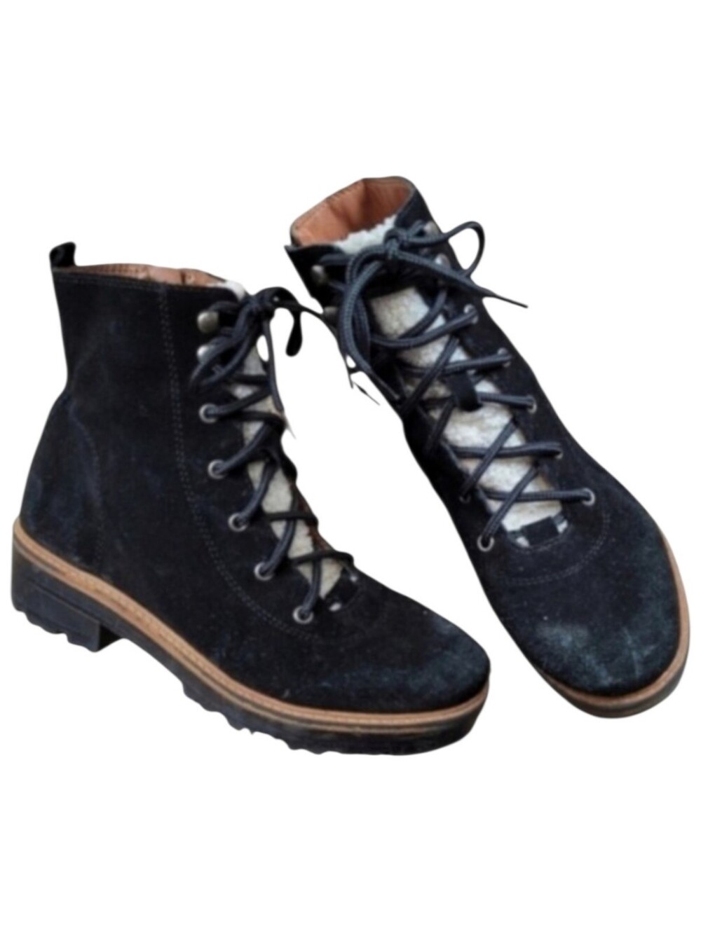 Marc Fisher Womens Izma Suede Faux Shearling Lace Up Hiking Ankle Boots Black 6